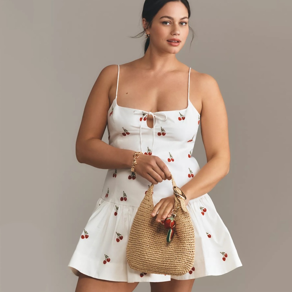 New Anthropologie Maeve Sweetheart Cherry Mini Dress L Large White Red